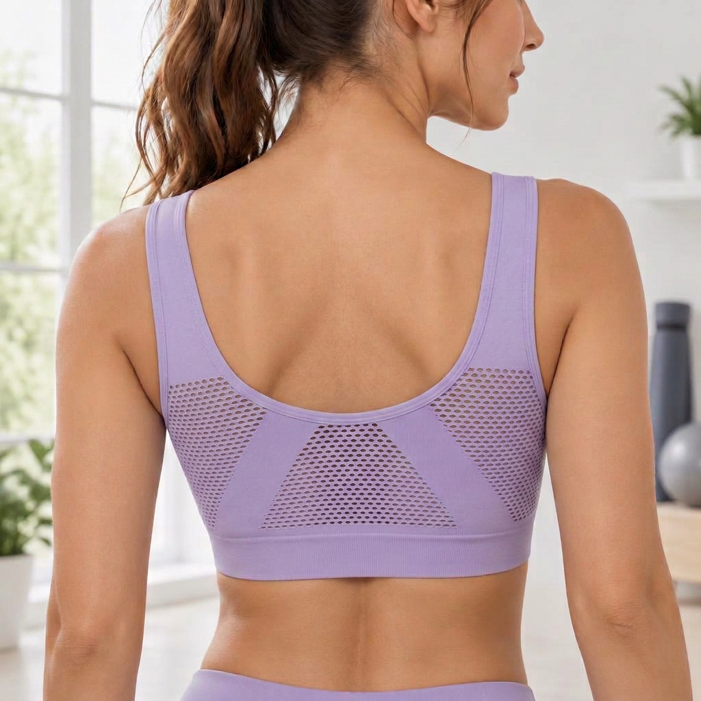 Deep scoop back with three broad perforated zones, solid diagonal supports and no hooks in lilac